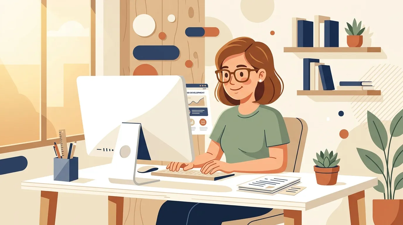 Femme avec lunettes codant sur ordinateur dans un bureau moderne