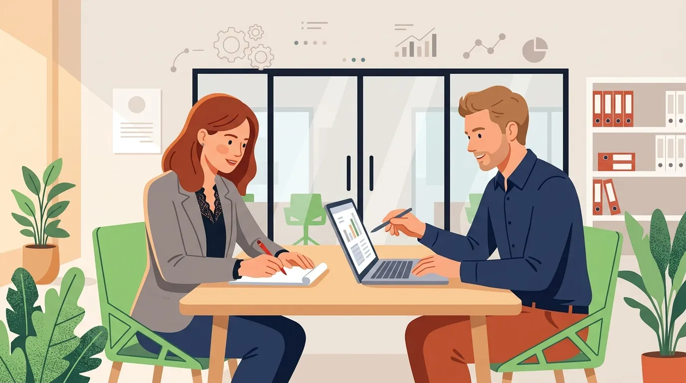 Deux professionnels discutent autour d'une table avec ordinateur portable
