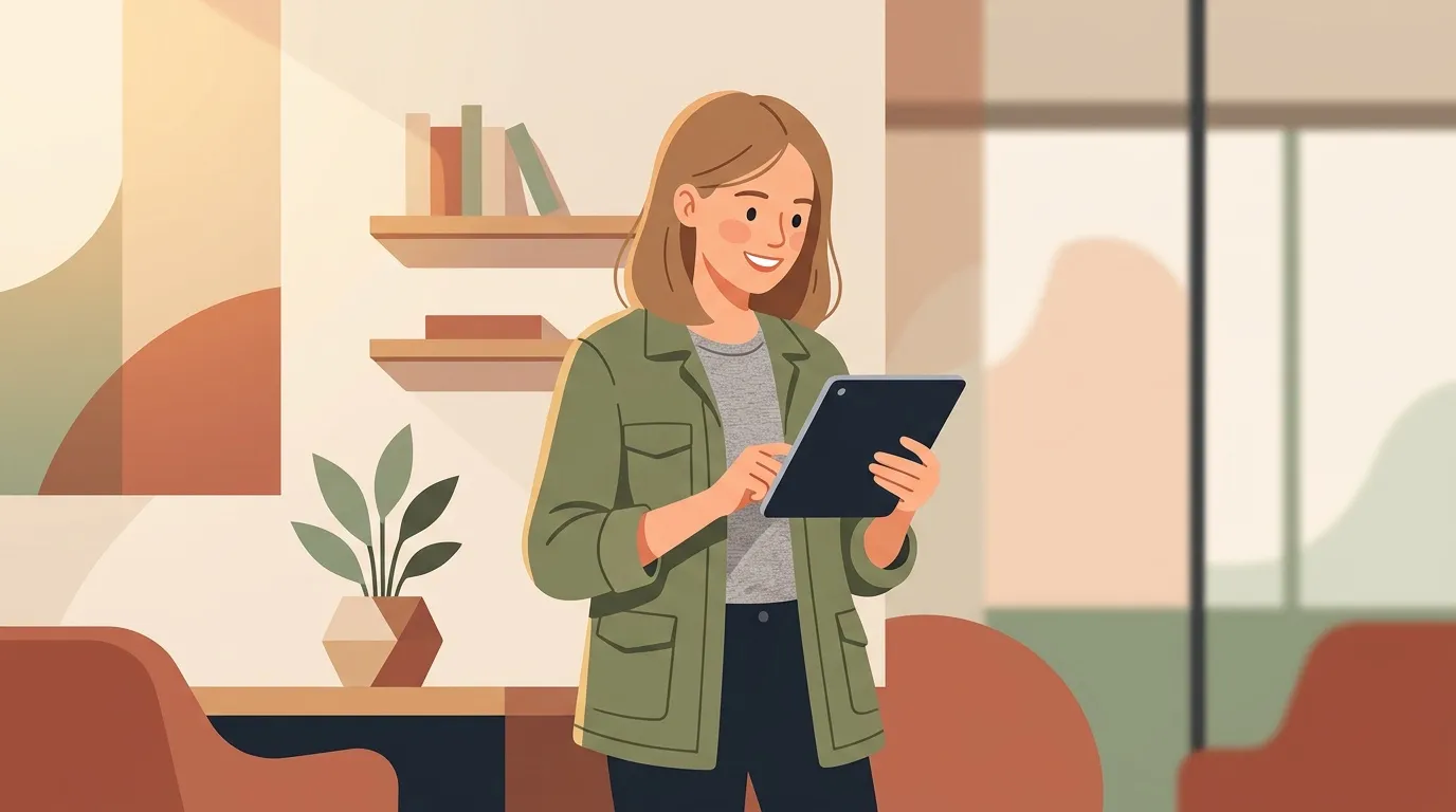 Femme souriante tenant une tablette dans un intérieur moderne