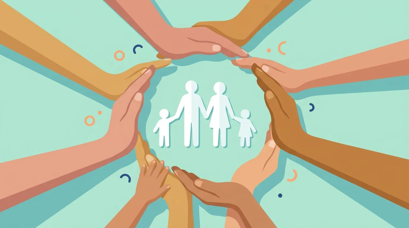 Mains diverses protégeant une famille au centre