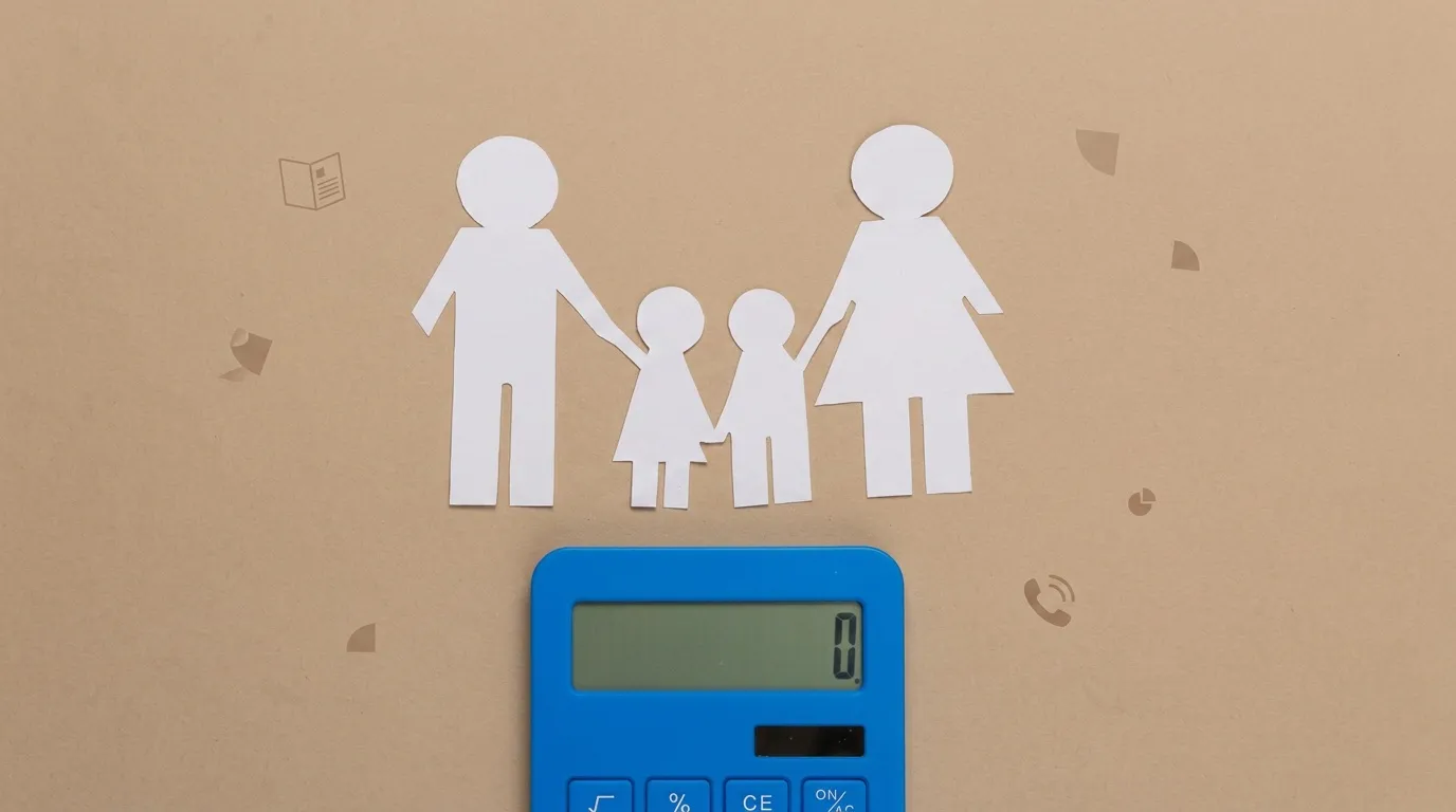 Silhouettes famille avec calculatrice bleue zéro