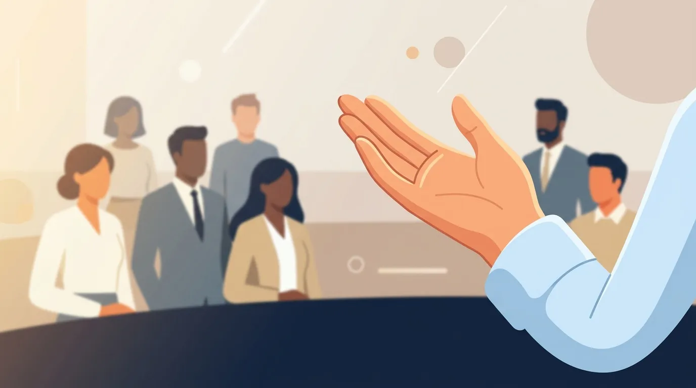 Main tendue vers un groupe de professionnels en réunion