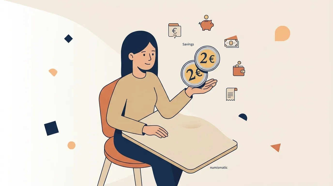 Femme jonglant avec des pièces de 2 euros et symboles financiers
