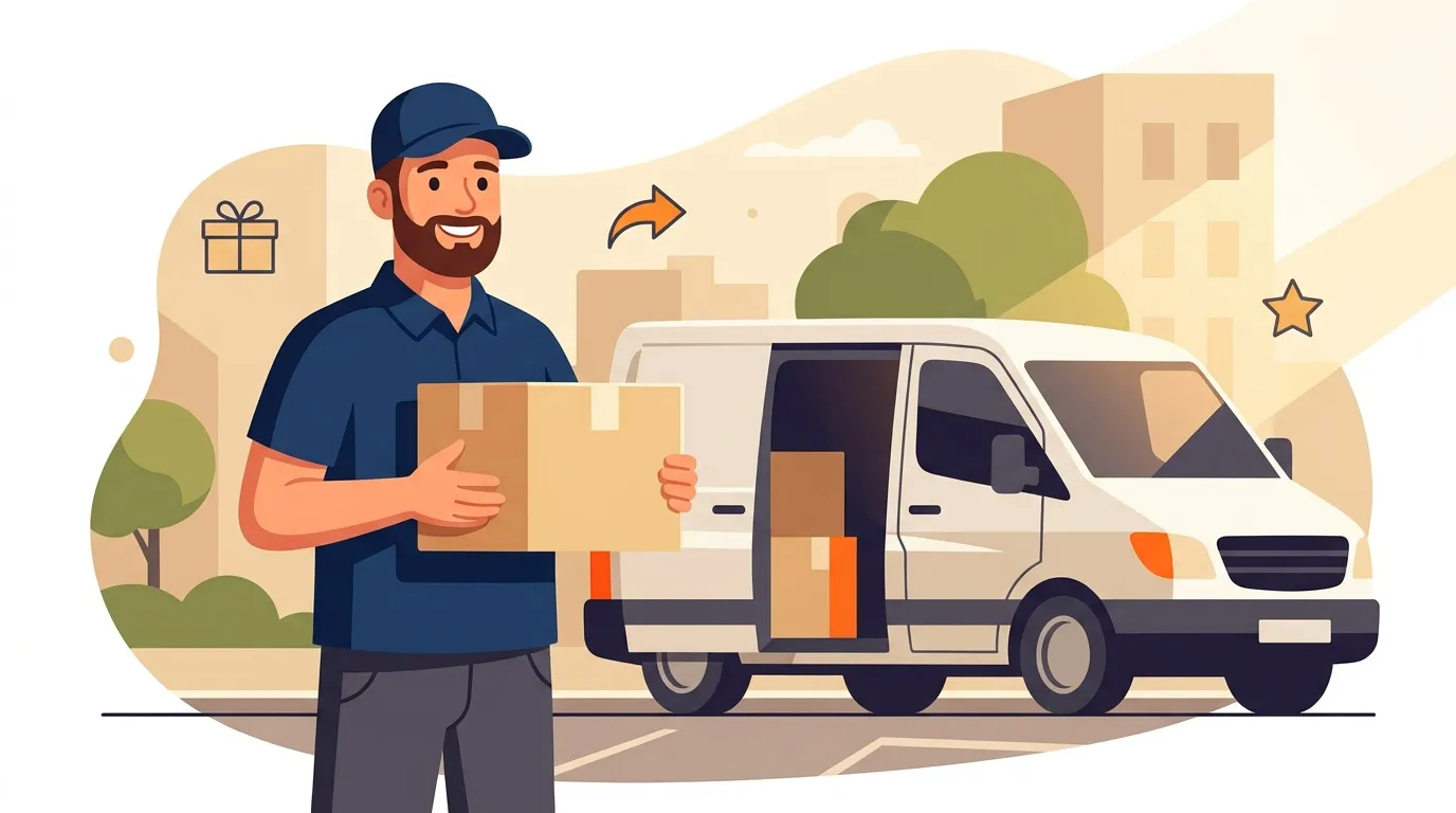 Livreur souriant tenant un carton devant un véhicule de livraison