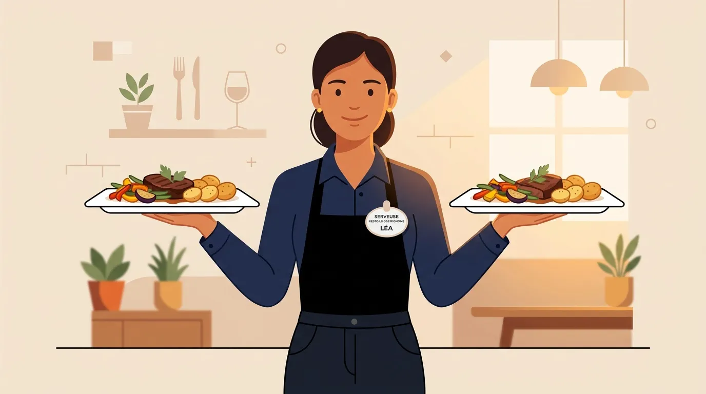 Femme serveur avec plateau de plats dans restaurant moderne
