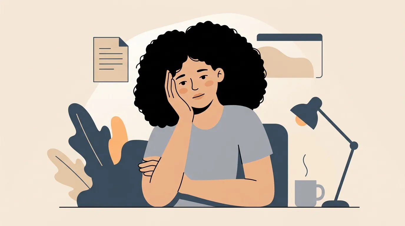 Femme assise &agrave; son bureau, pensive, entour&eacute;e d'objets de travail