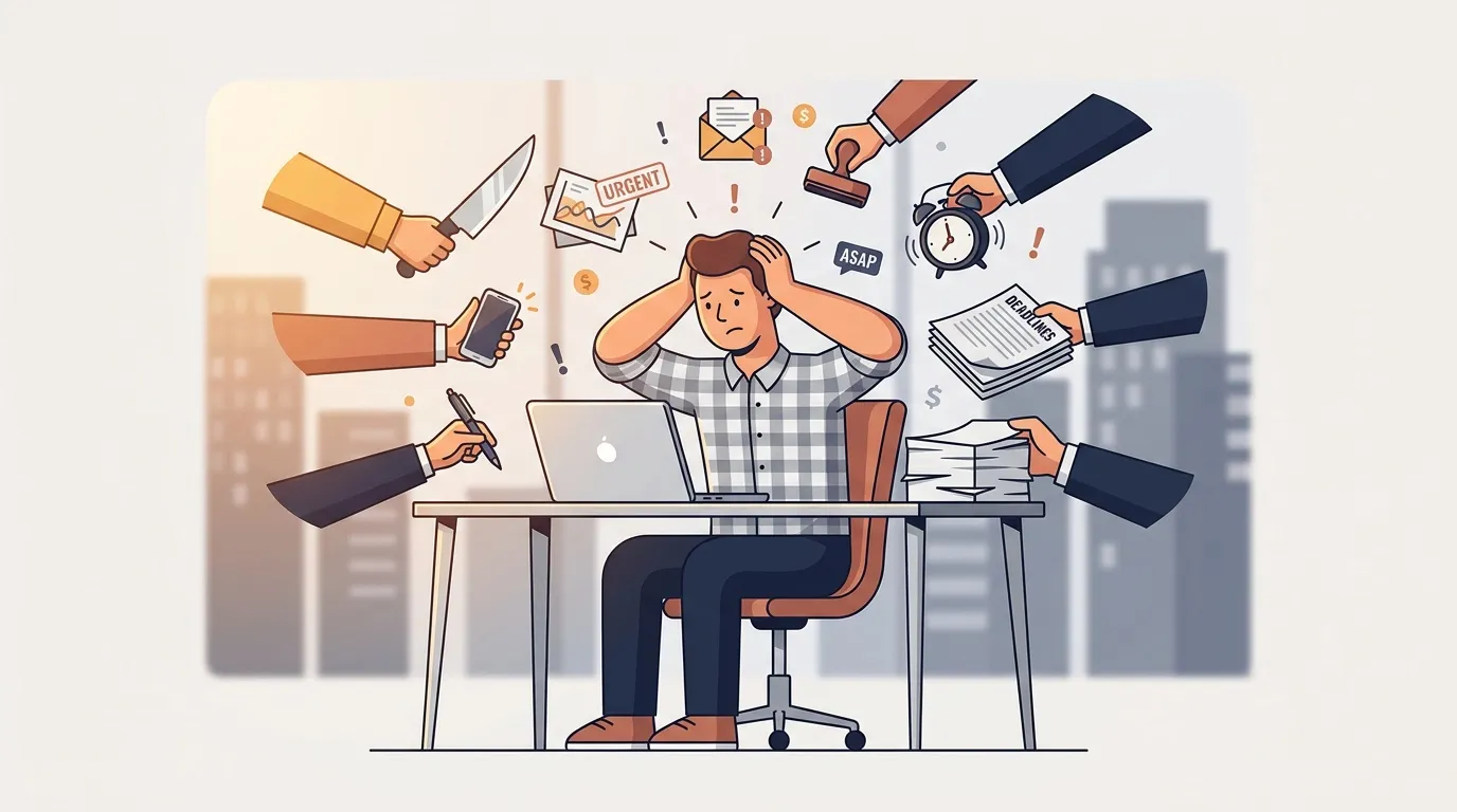 Homme stressé au bureau submergé de multiples demandes urgentes