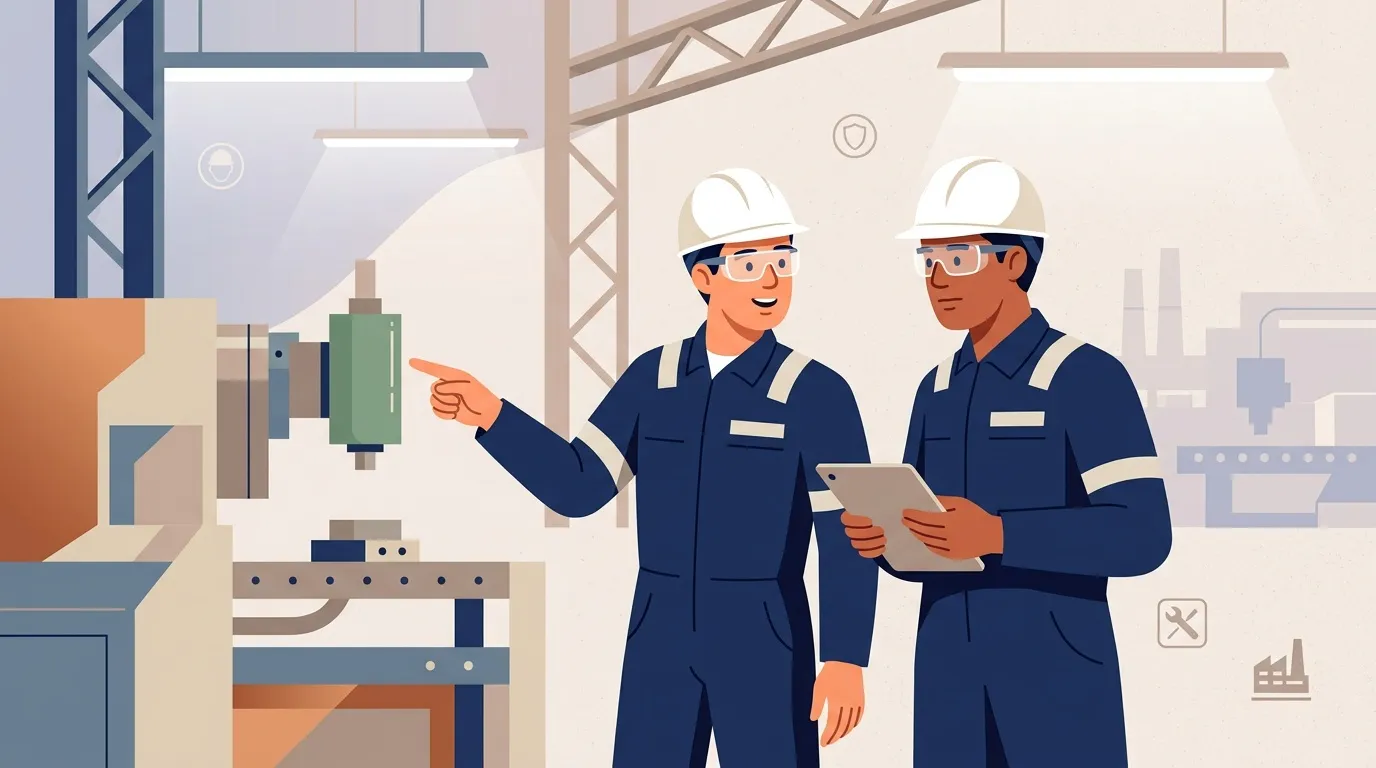 Deux travailleurs en uniforme discutent sur un chantier