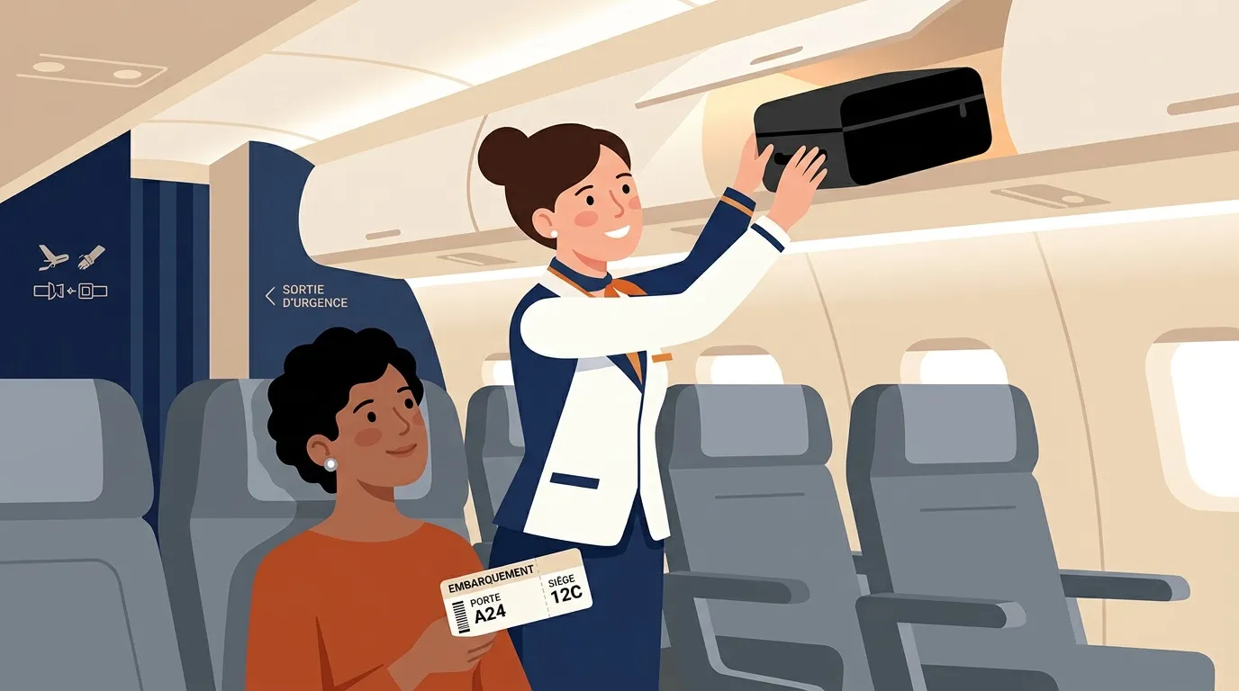 Hôtesse aide passagère ranger bagage compartiment aérien