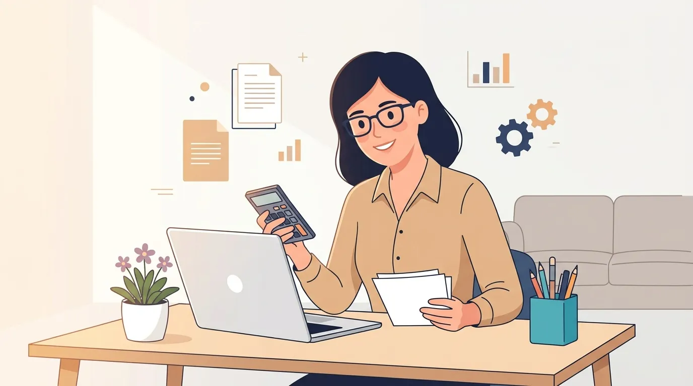 Femme au bureau avec laptop, calculatrice et documents