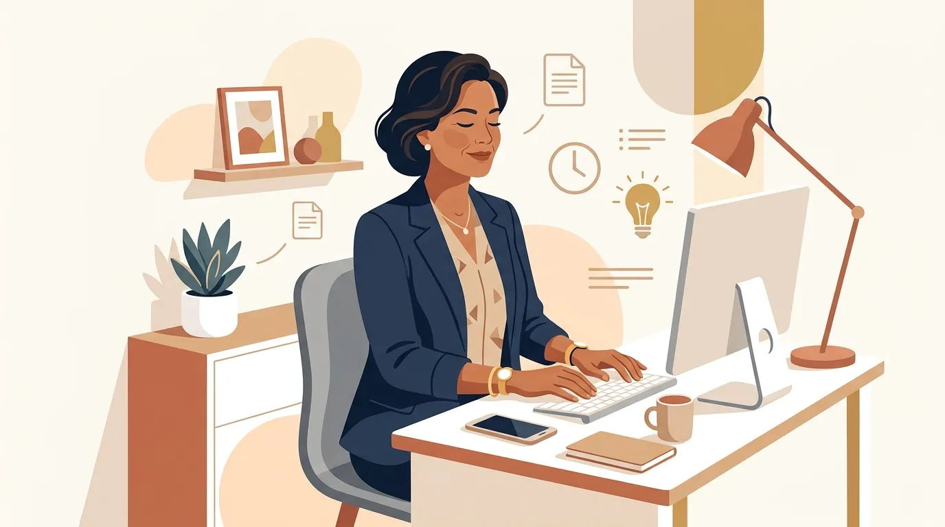 Femme d'affaires assise à son bureau utilisant un ordinateur