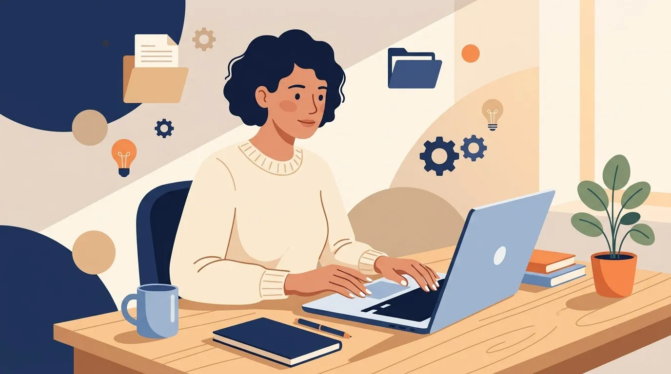Femme souriante travaillant à son bureau avec laptop et plante
