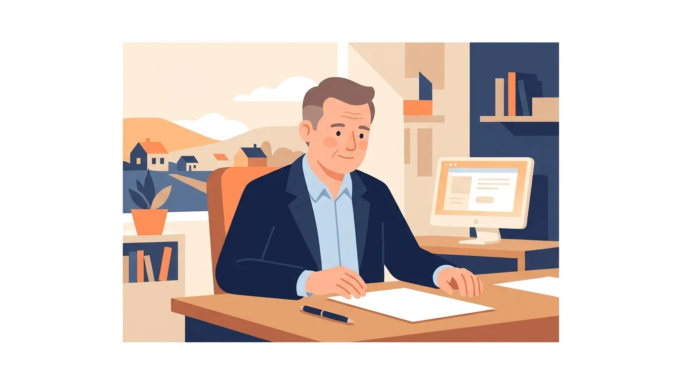 Homme en costume assis à son bureau avec ordinateur