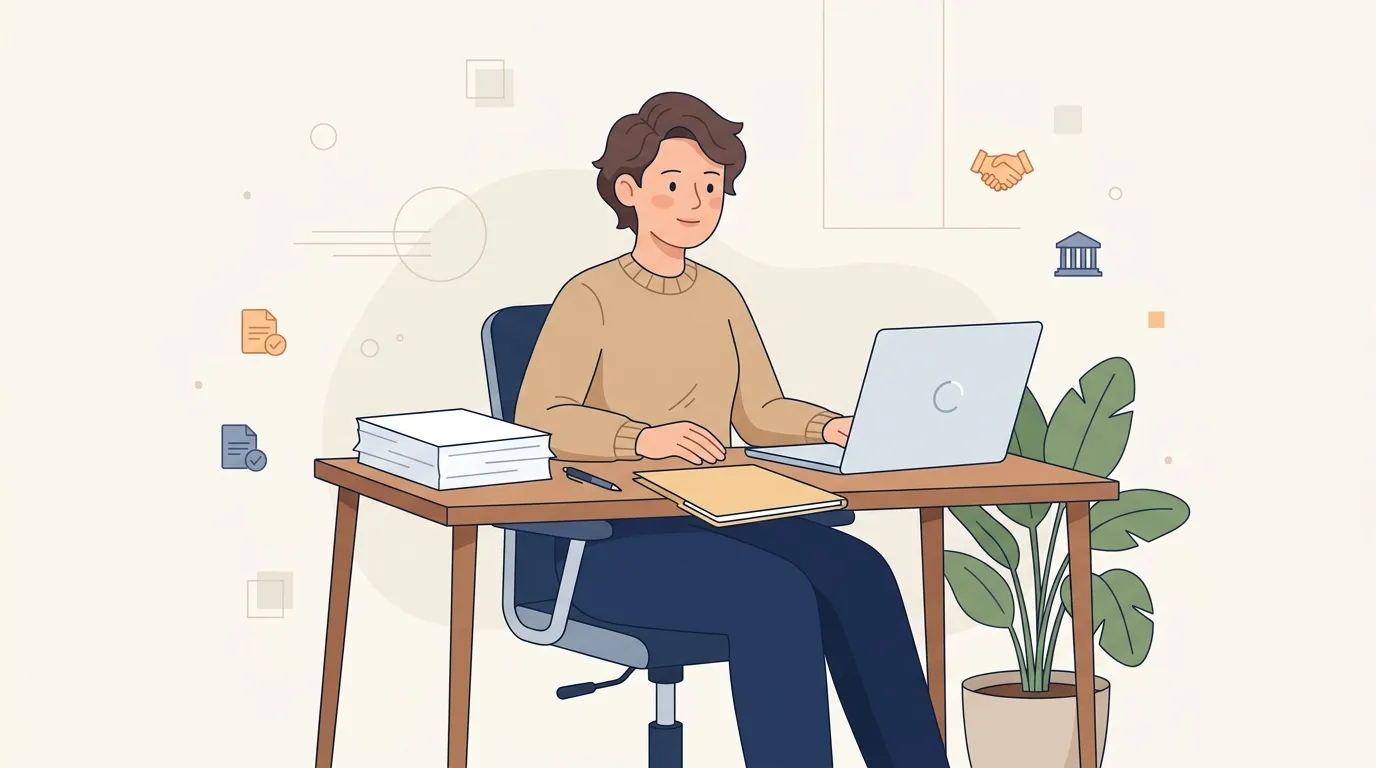 Femme assise &agrave; son bureau avec ordinateur portable et documents