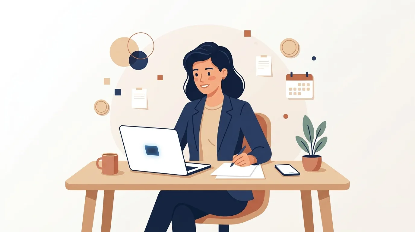Femme en blazer bleu travaillant sur laptop au bureau