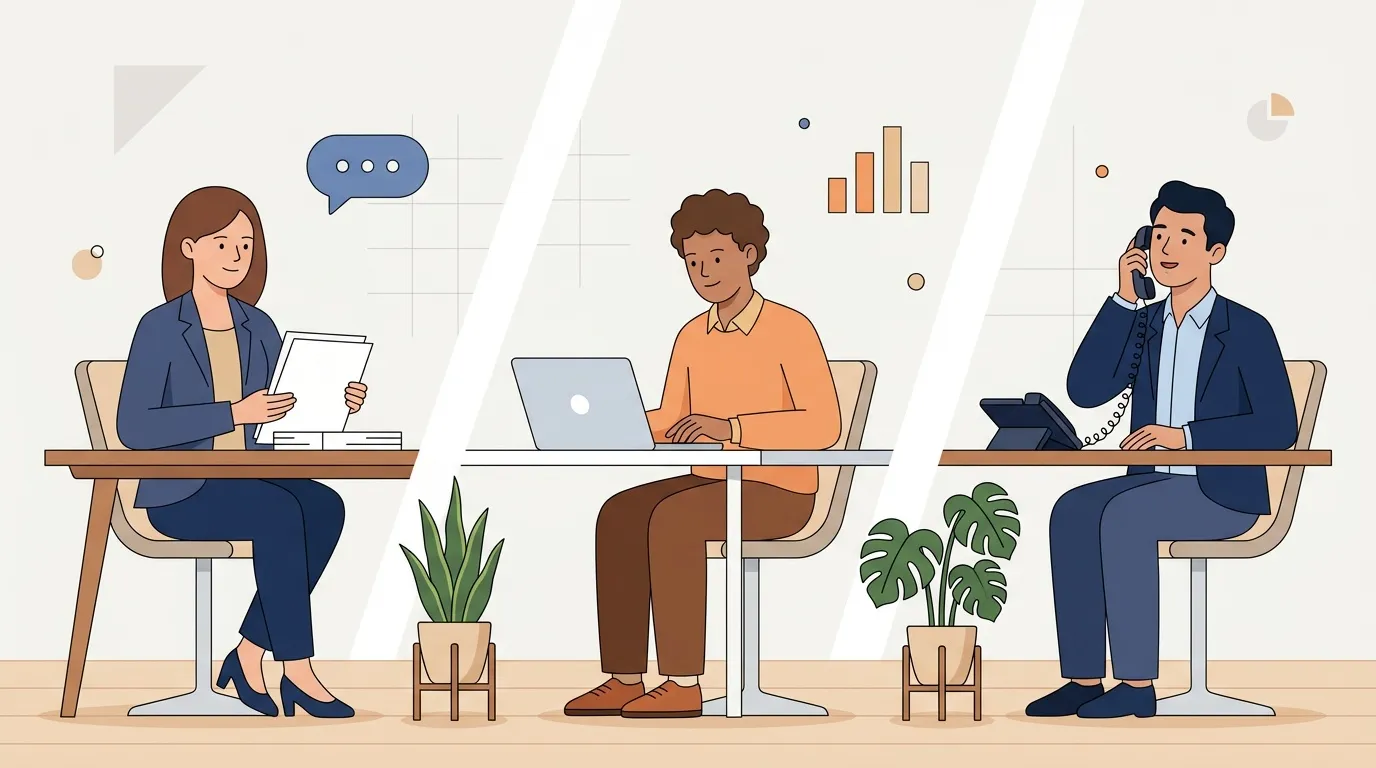 Trois employés travaillent à leur bureau avec ordinateurs et téléphone