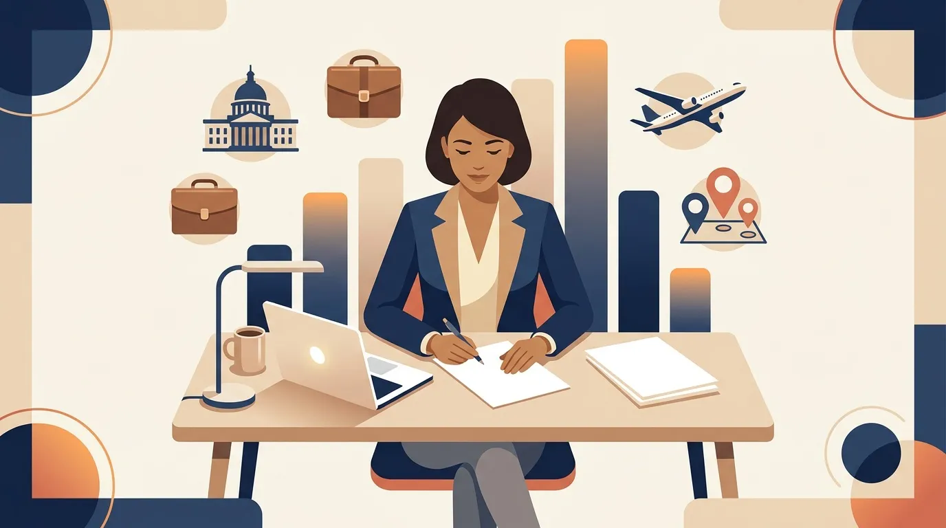 Femme d'affaires travaillant au bureau avec symboles de voyage