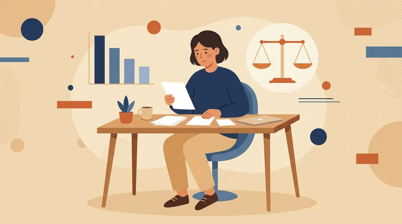 Femme assise &agrave; un bureau avec ordinateur portable et documents