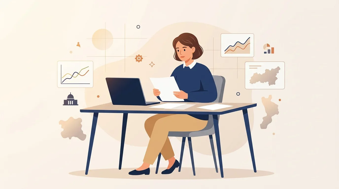 Femme au bureau analysant des donn&eacute;es et graphiques statistiques