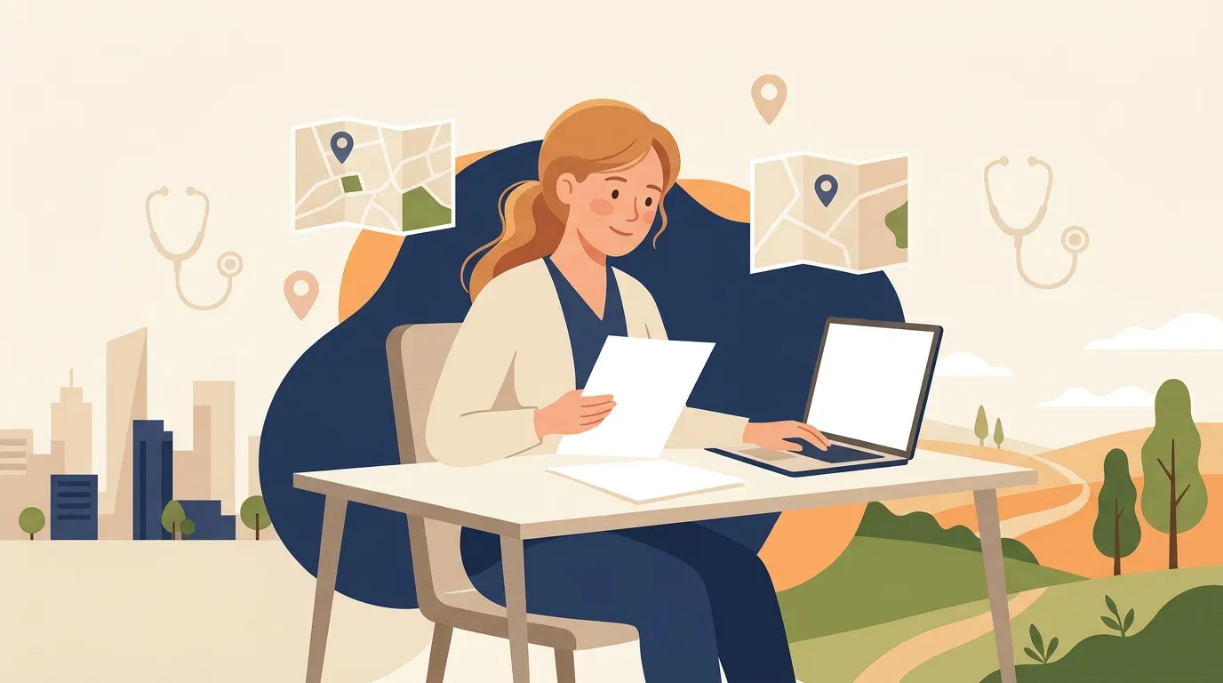 Femme travaillant sur ordinateur portable avec cartes et st&eacute;thoscope