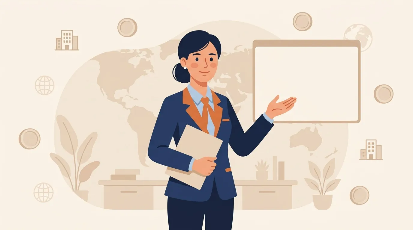 Femme d'affaires en costume pr&eacute;sente un tableau blanc vide