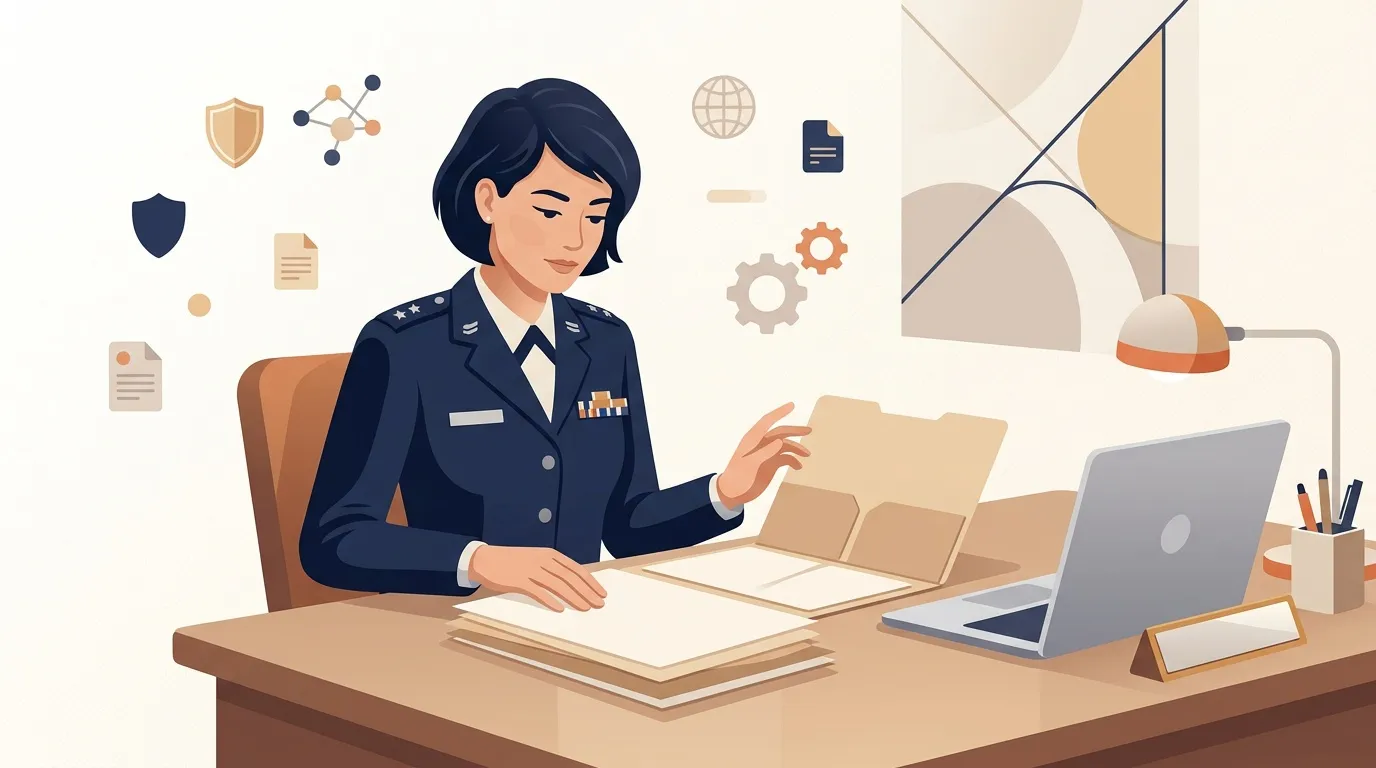 Femme officier militaire travaillant avec documents et ordinateur