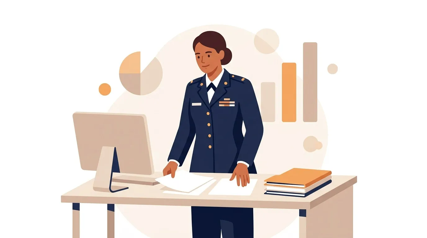 Femme offici&egrave;re en uniforme bleu travaillant &agrave; son bureau
