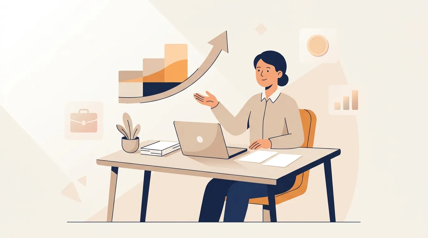 Femme travaillant sur ordinateur avec graphiques de croissance
