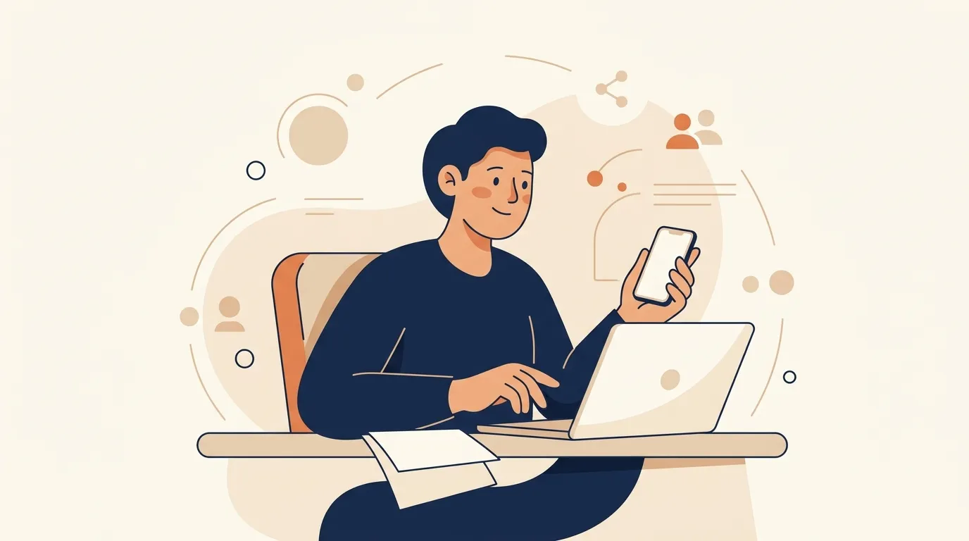 Homme au bureau utilisant laptop et smartphone simultan&eacute;ment