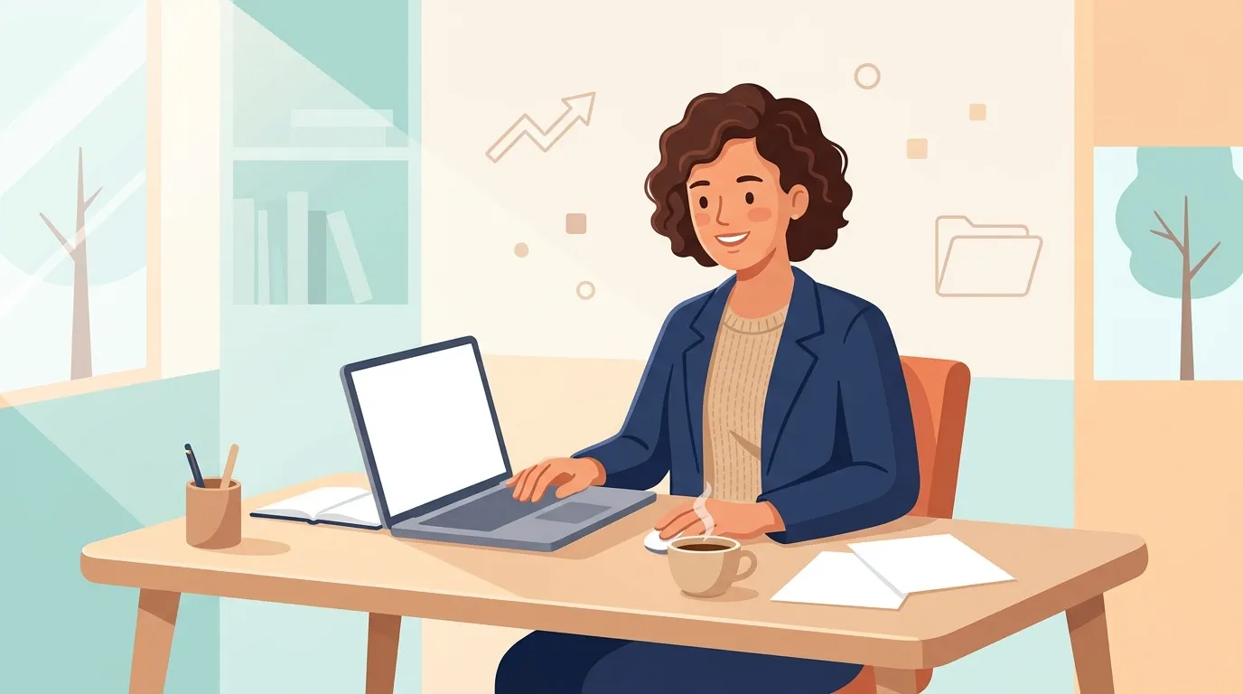 Femme souriante travaillant sur laptop &agrave; son bureau