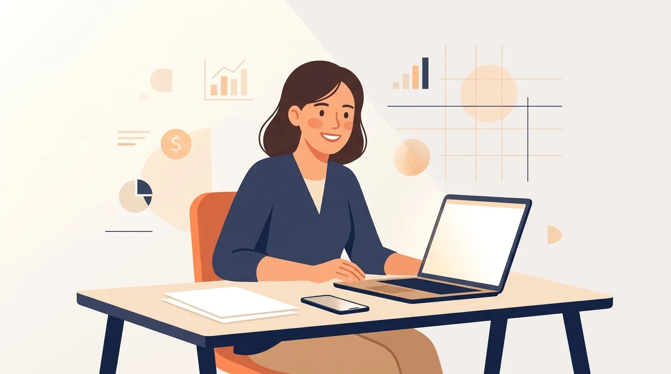 Femme souriante au bureau avec laptop et documents