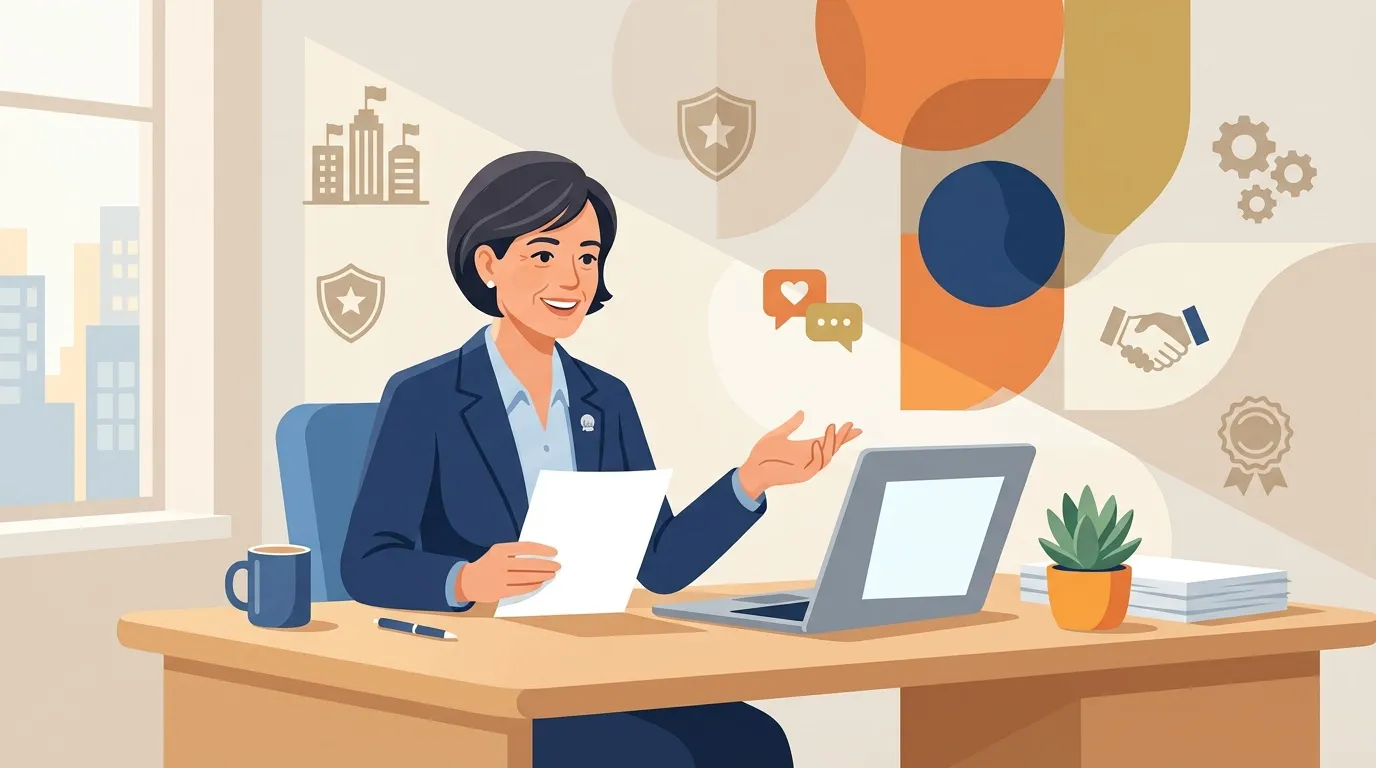 Femme d'affaires souriante à son bureau avec ordinateur