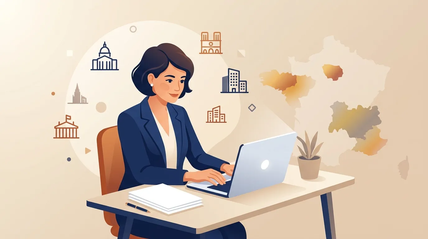Femme d'affaires au bureau avec laptop et icônes immobilières