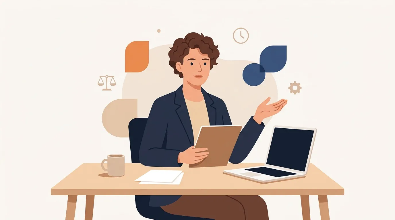 Femme en costume assise au bureau avec ordinateur portable et documents