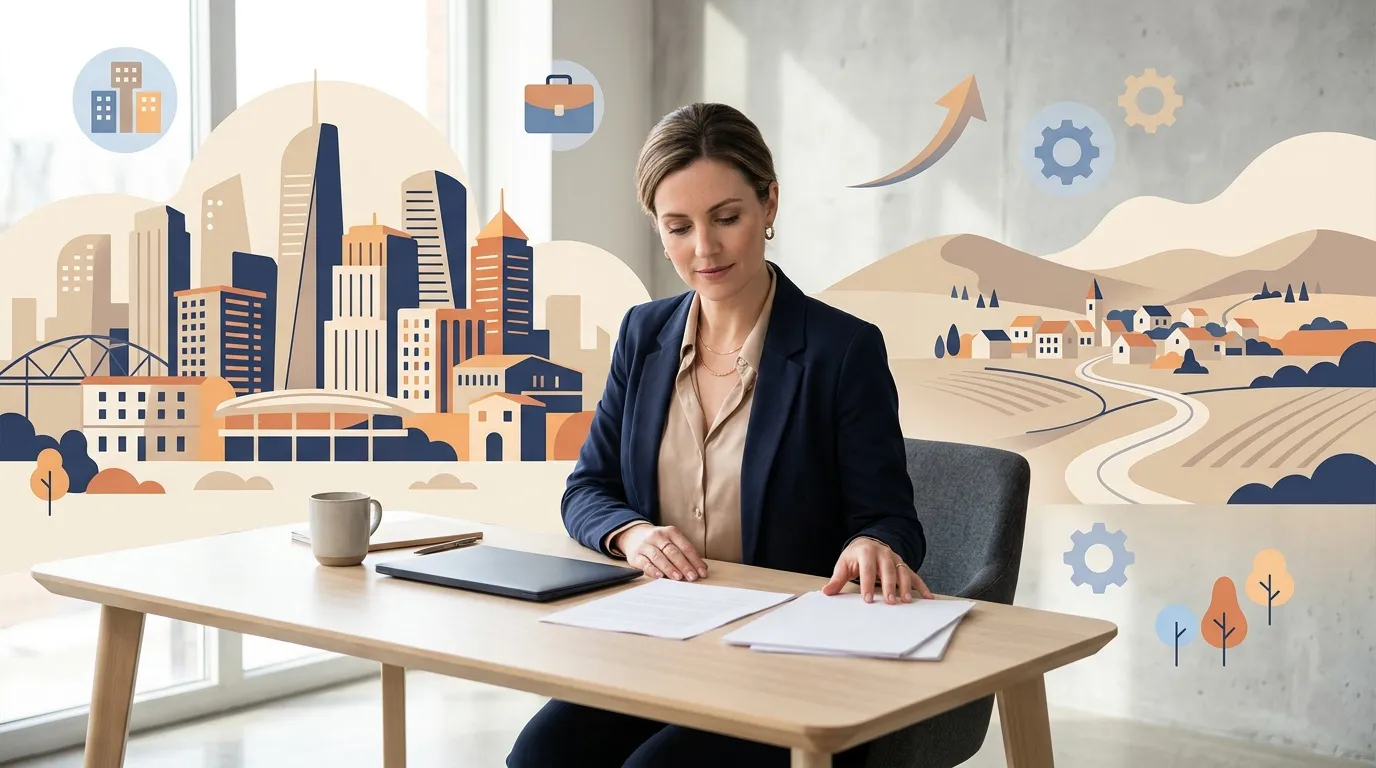 Femme d'affaires travaillant à son bureau avec décoration urbaine