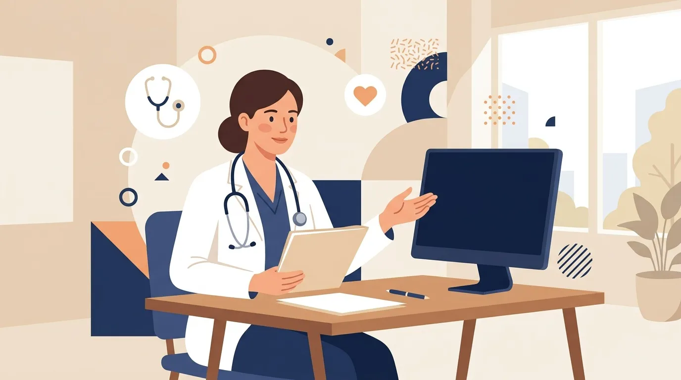 Femme médecin à son bureau avec ordinateur et tablette
