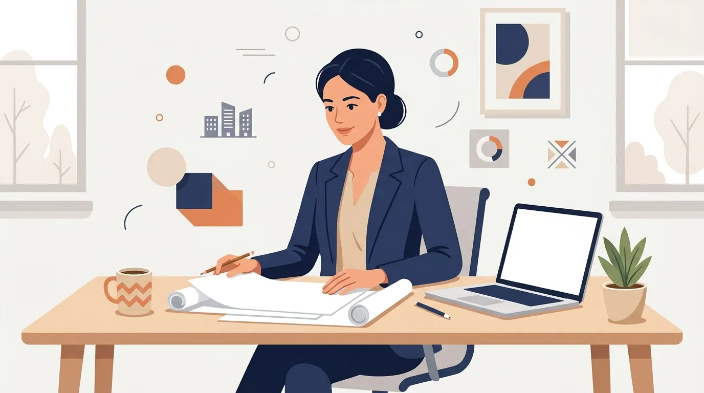 Femme en costume travaille à son bureau avec laptop