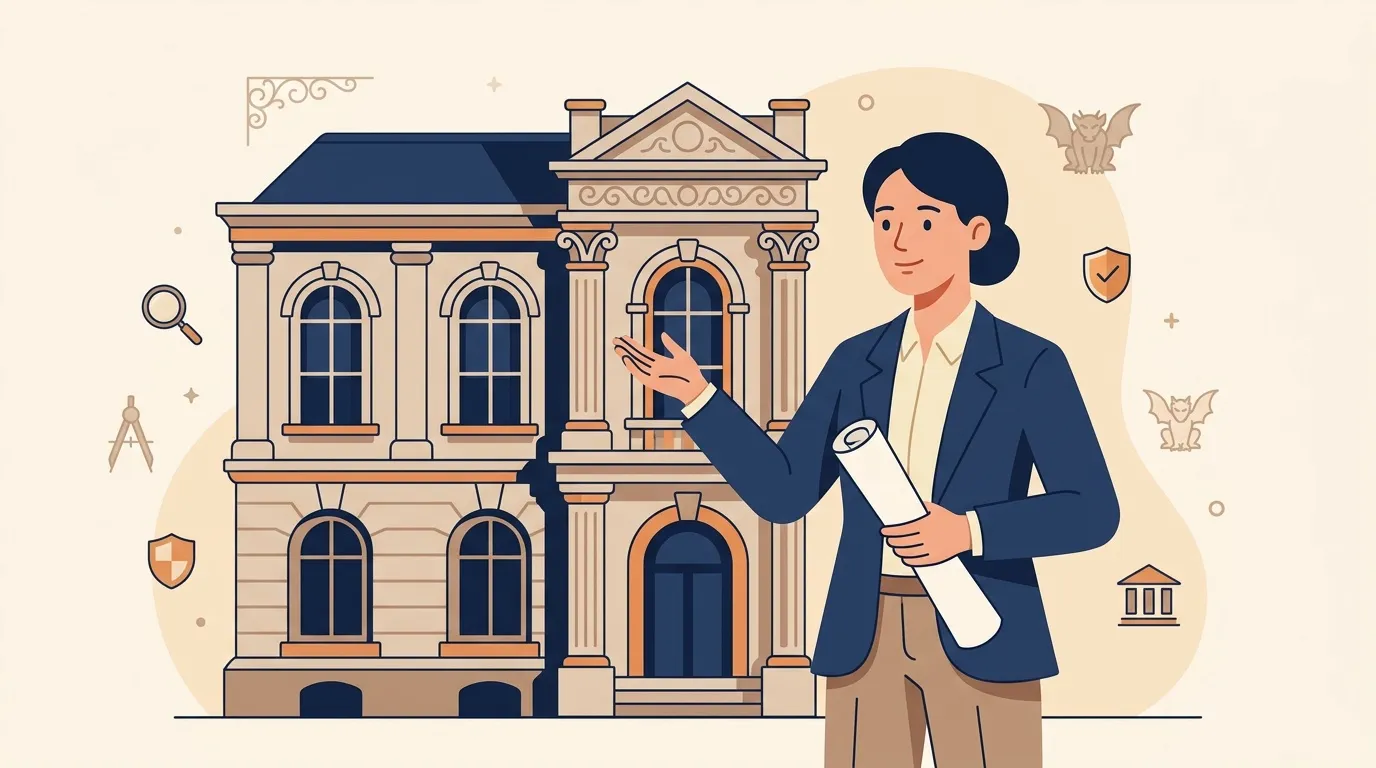Femme architecte devant immeuble historique avec plans