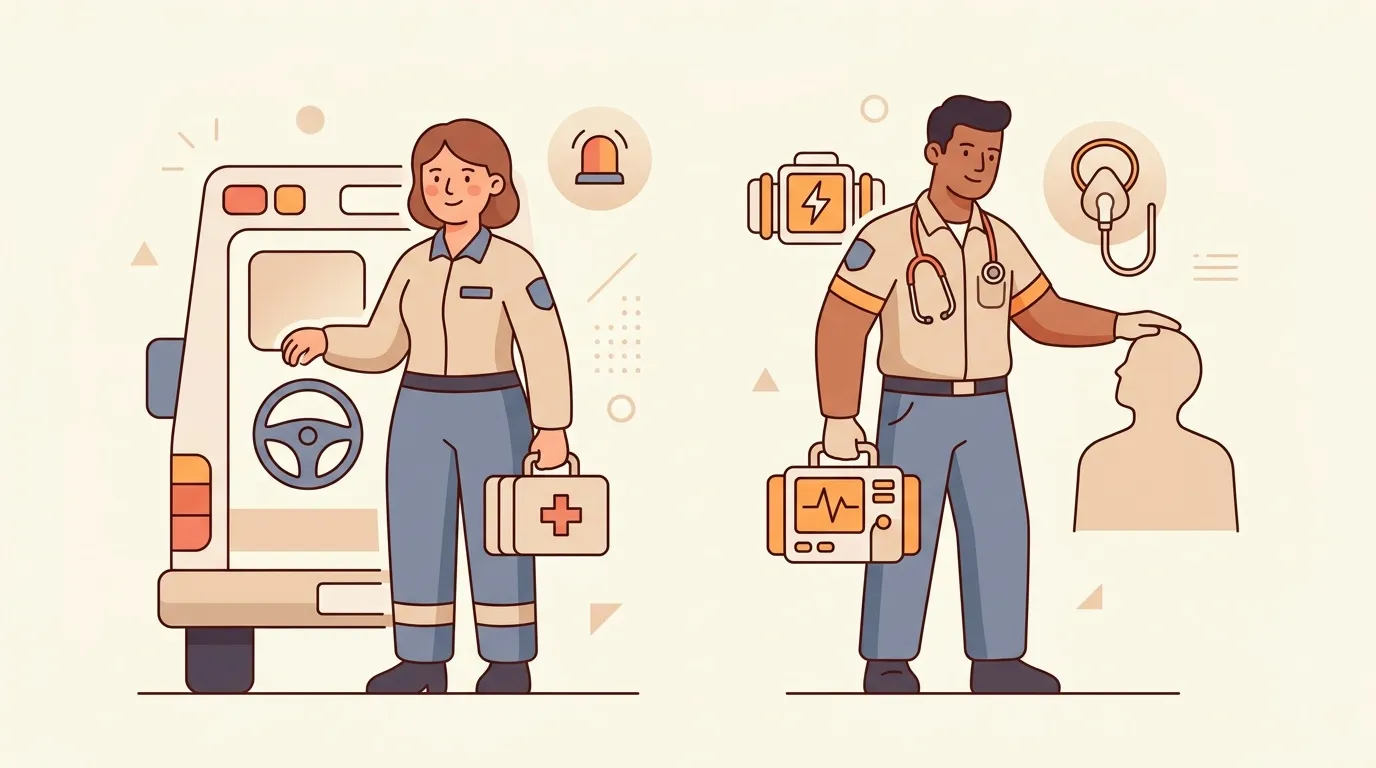 Ambulancière et paramédic avec équipements médicaux d'urgence