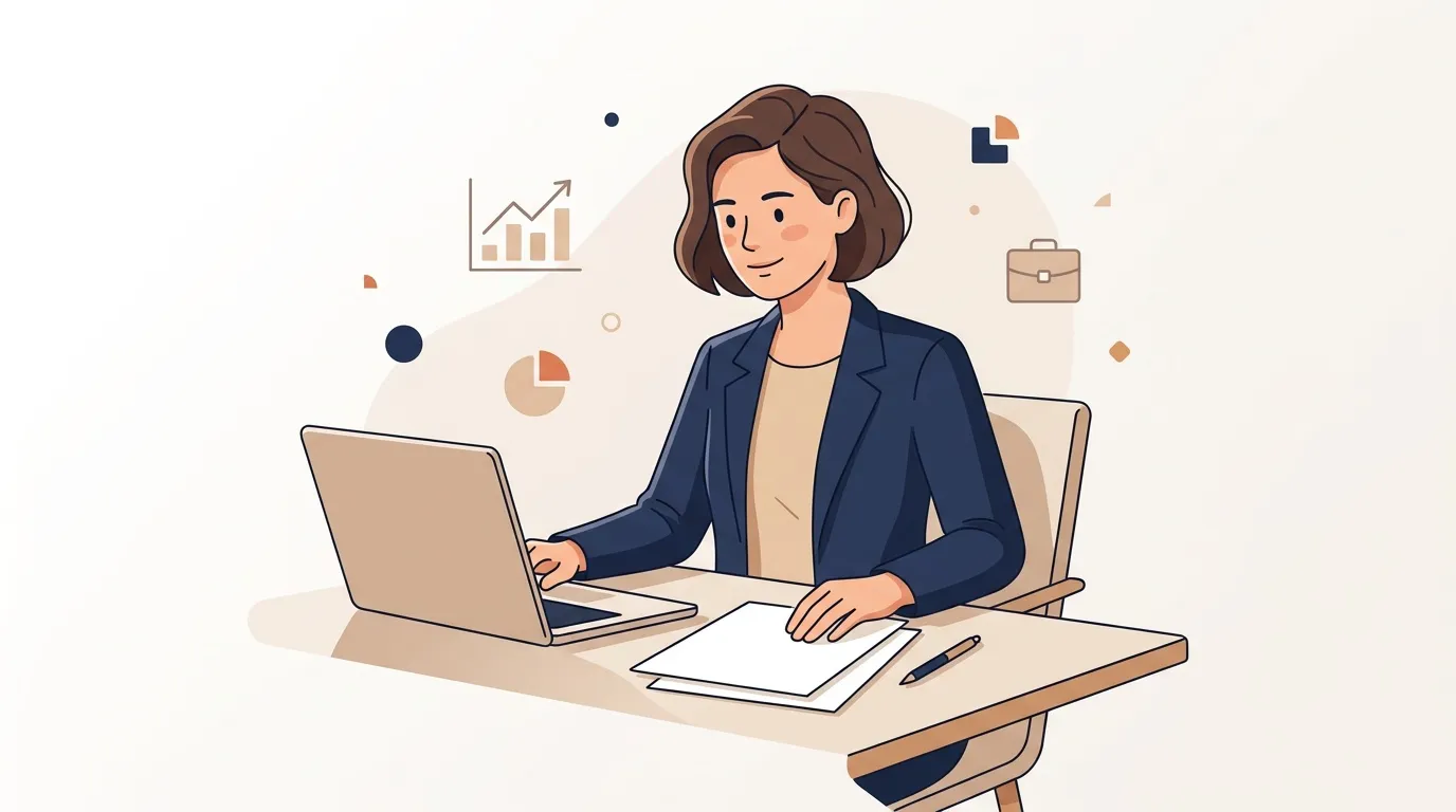 Femme en blazer bleu travaillant sur laptop au bureau
