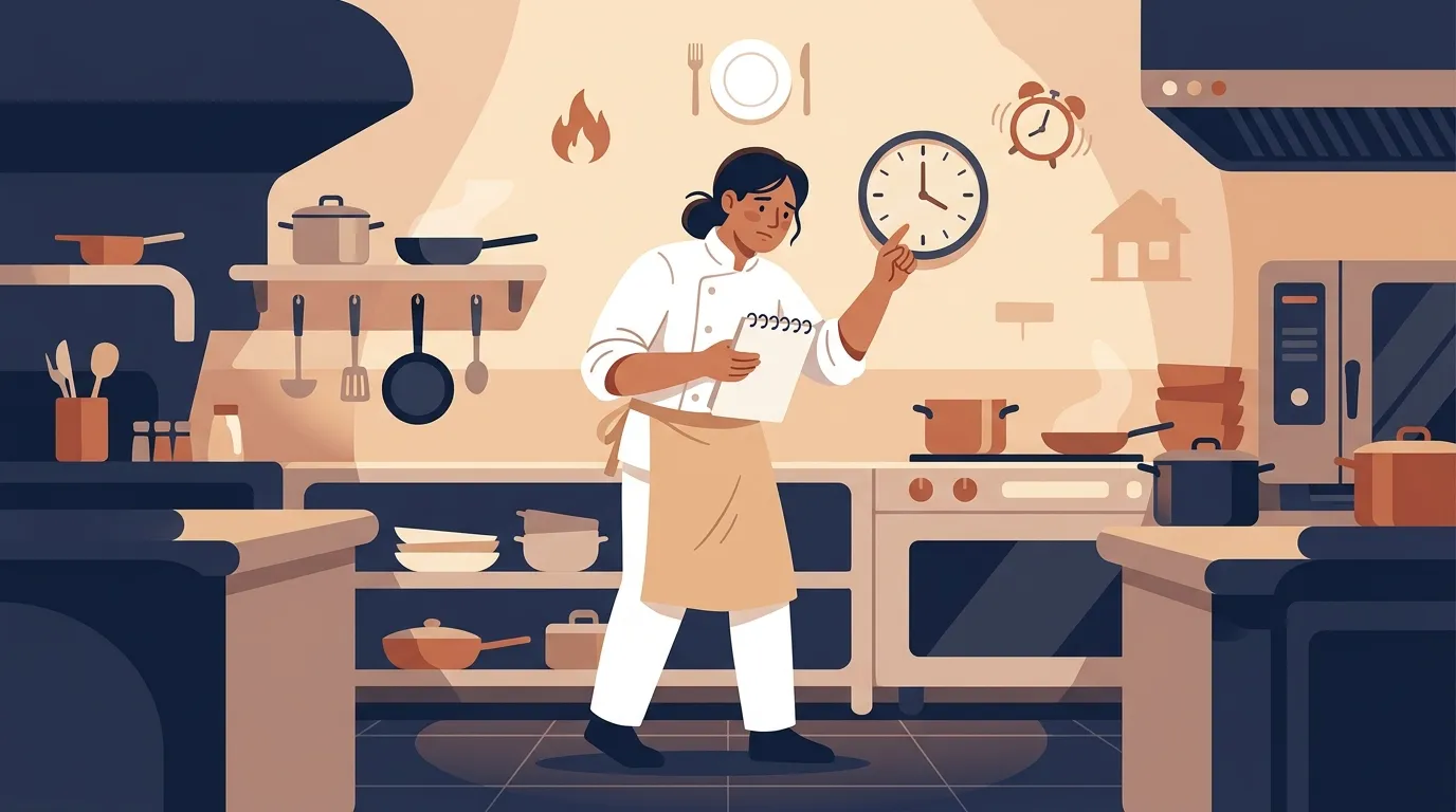 Chef en cuisine regardant l'horloge, g&eacute;rant son temps de cuisson