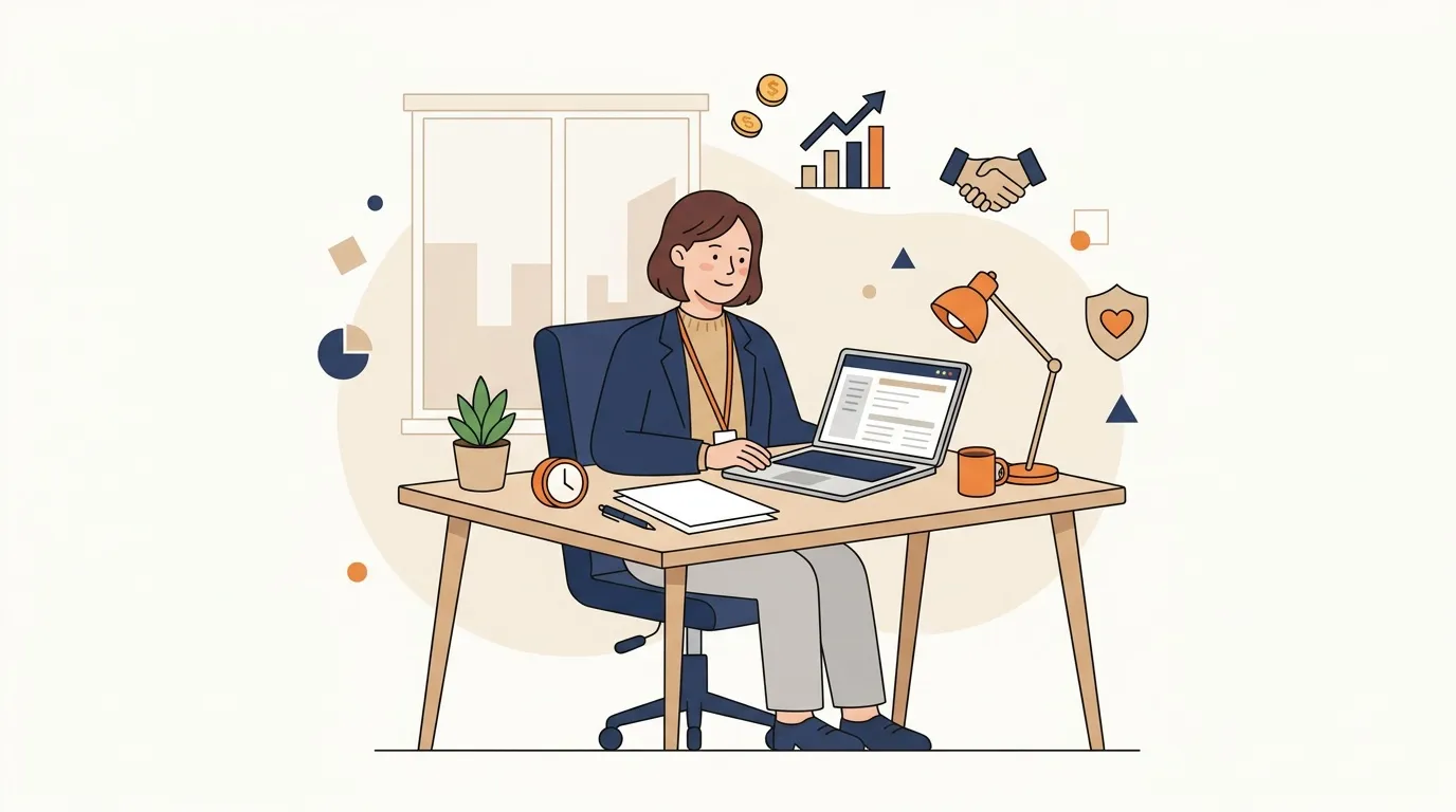 Femme travaillant sur ordinateur portable &agrave; son bureau avec symboles de business