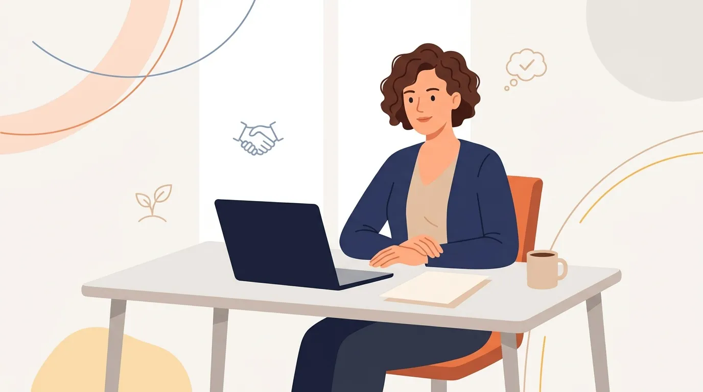 Femme assise &agrave; son bureau avec ordinateur portable et caf&eacute;
