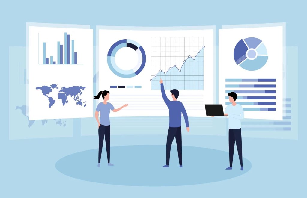 schéma de 3 personnes qui échangent sur des graphiques
