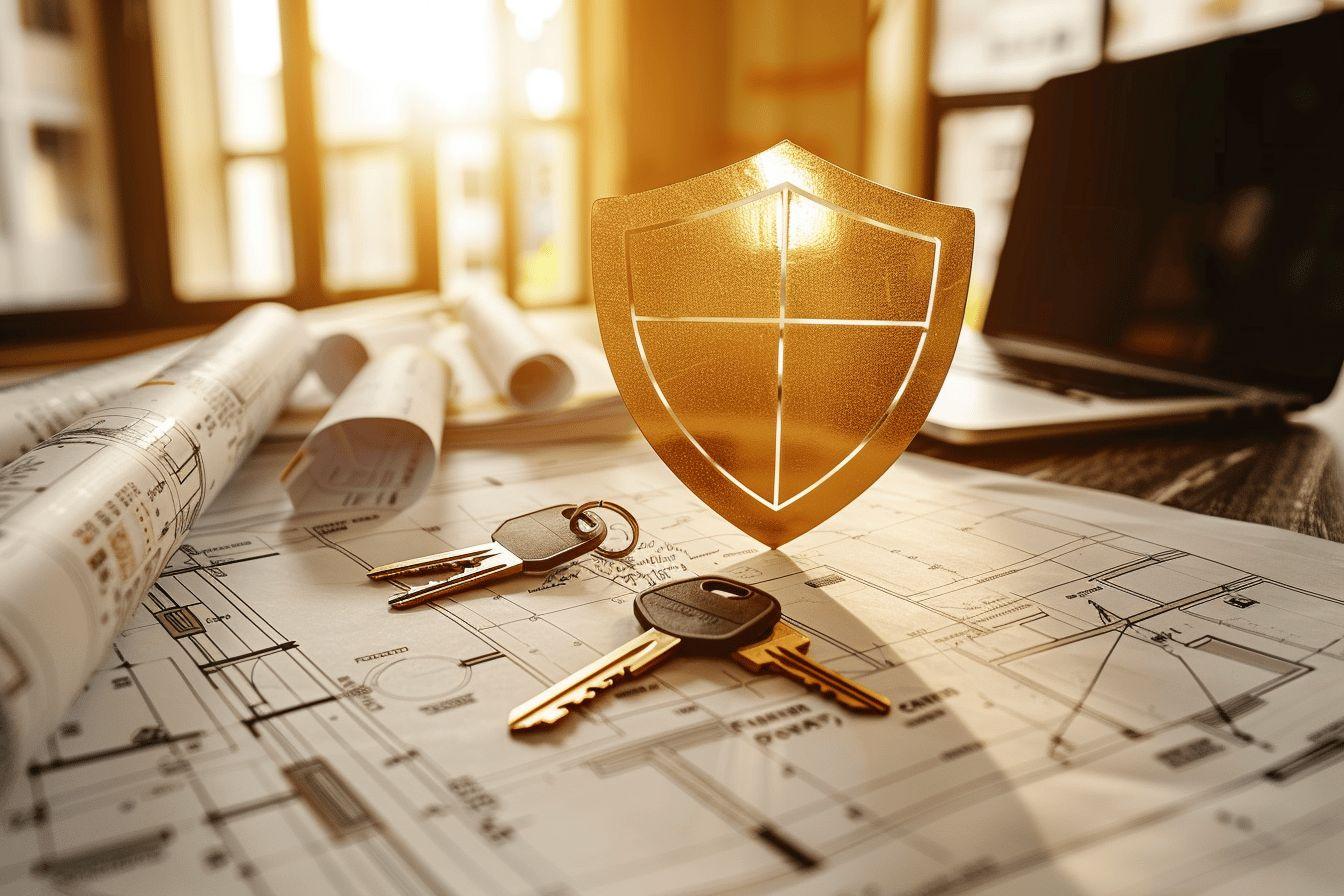 Bouclier doré, plans architecturaux et clés sur une table de bureau