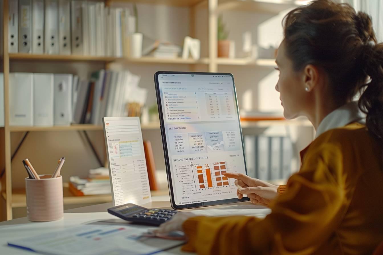 Femme analysant des données financières sur une tablette numérique dans un bureau