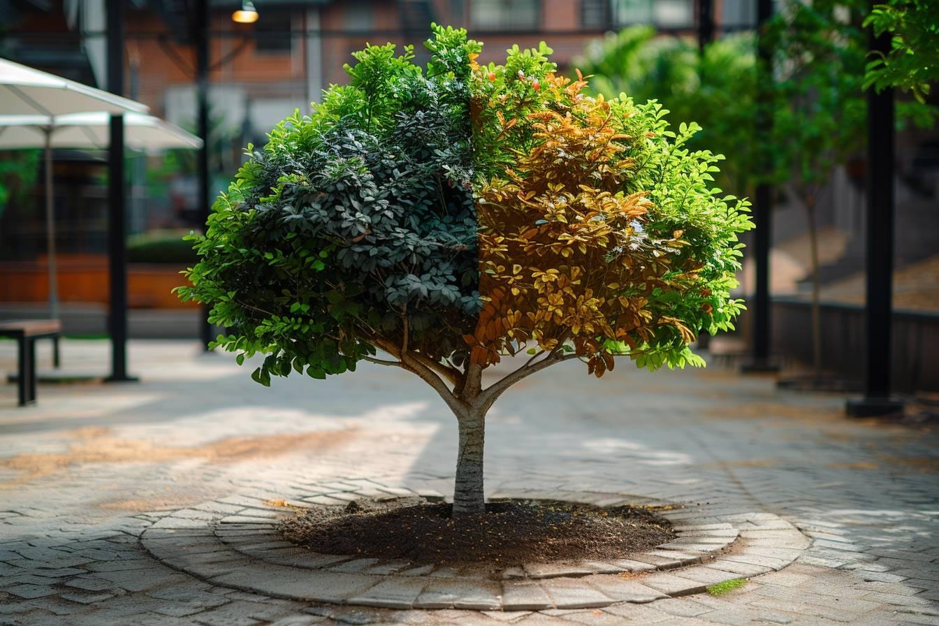 Un bel arbre décoratif avec des feuilles vertes, noires et orange