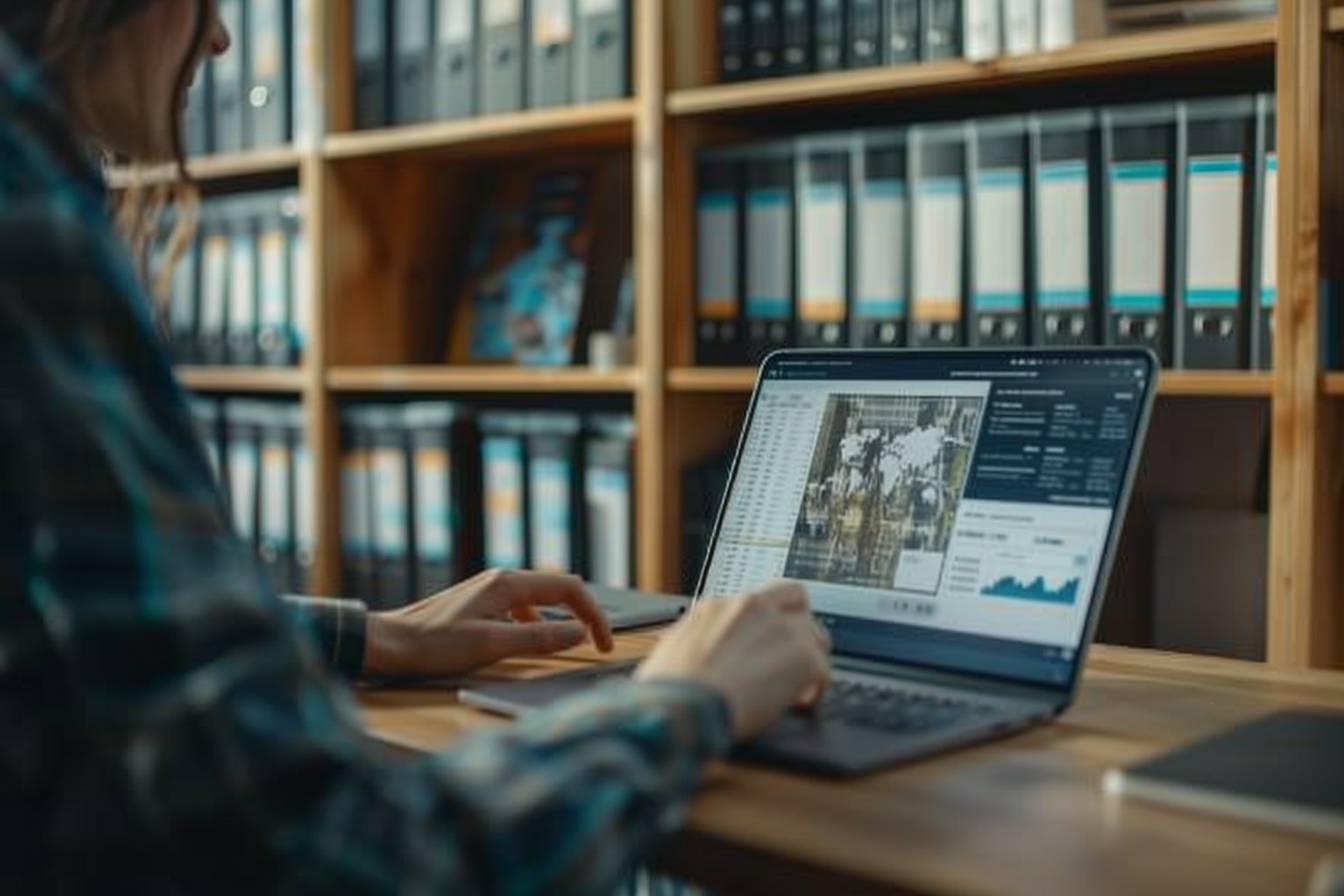 Personne travaillant sur un ordinateur portable dans une bibliothèque.