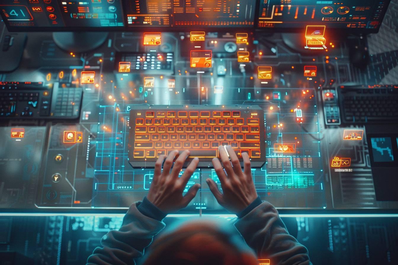 Image représentant un terminal informatique futuriste dans un style cyberpunk.