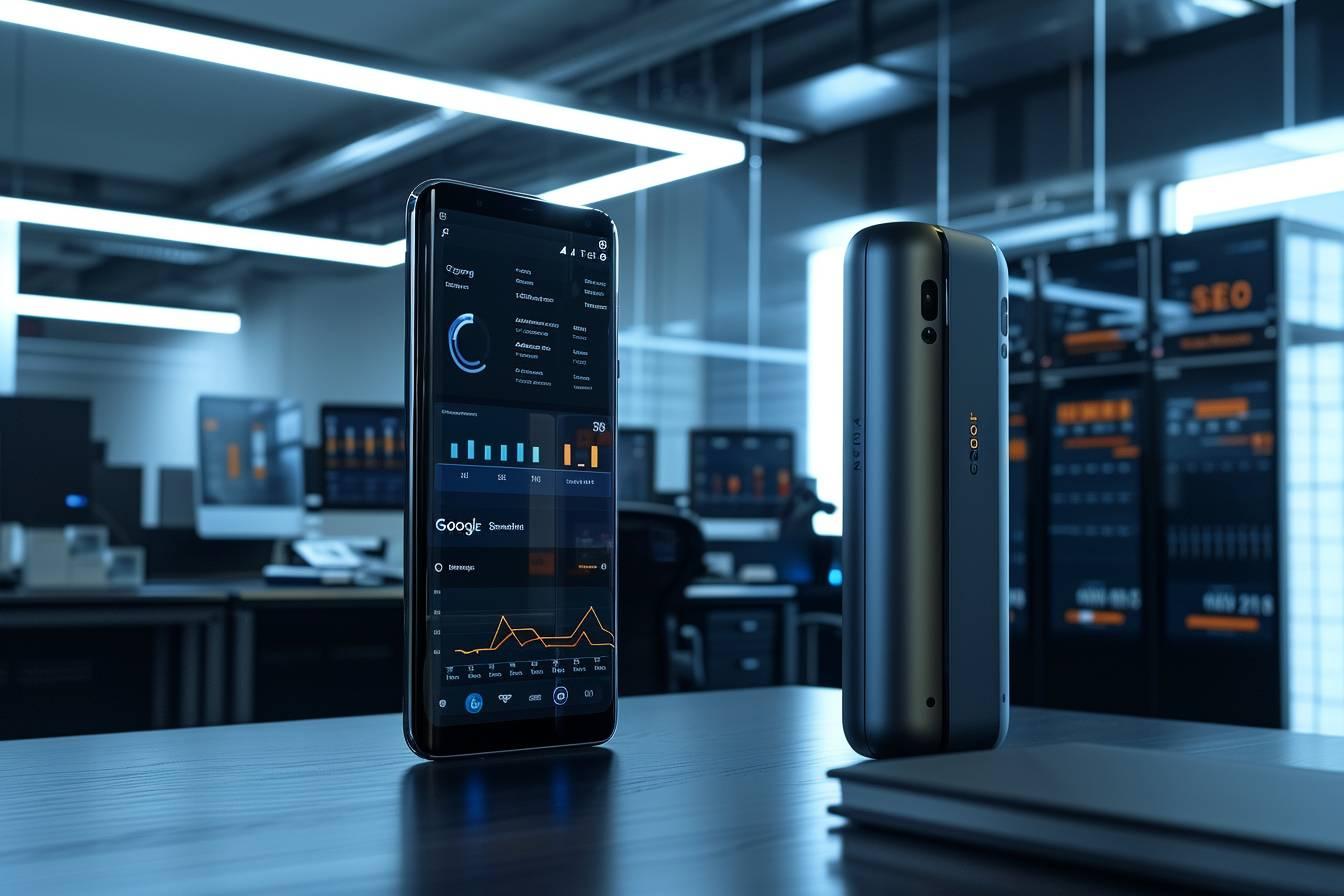 Un smartphone affichant des données techniques dans un bureau high-tech.